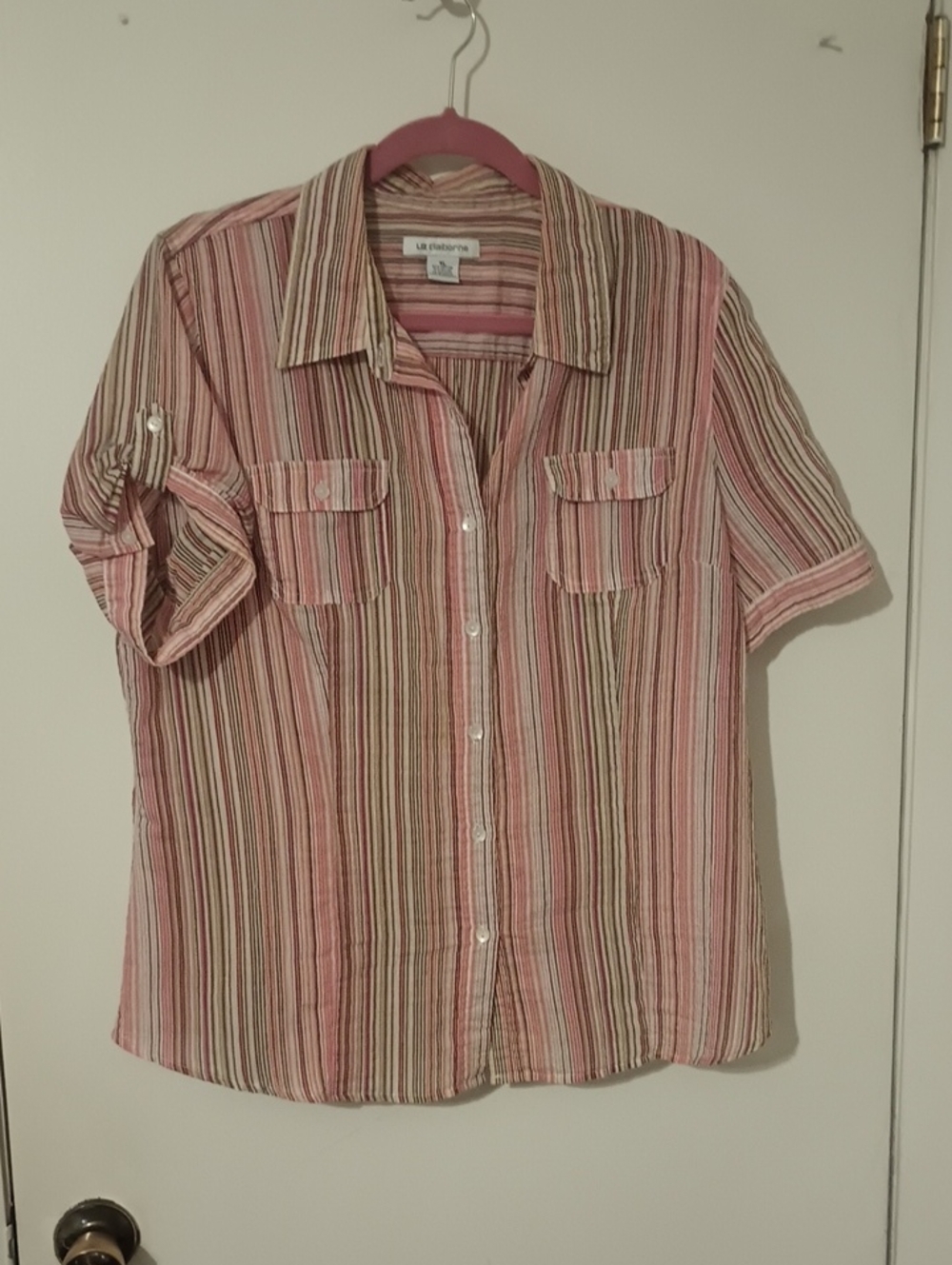 Liz Claiborne Pink and Neutral Striped Button Front Short Sleeve Shirt XL